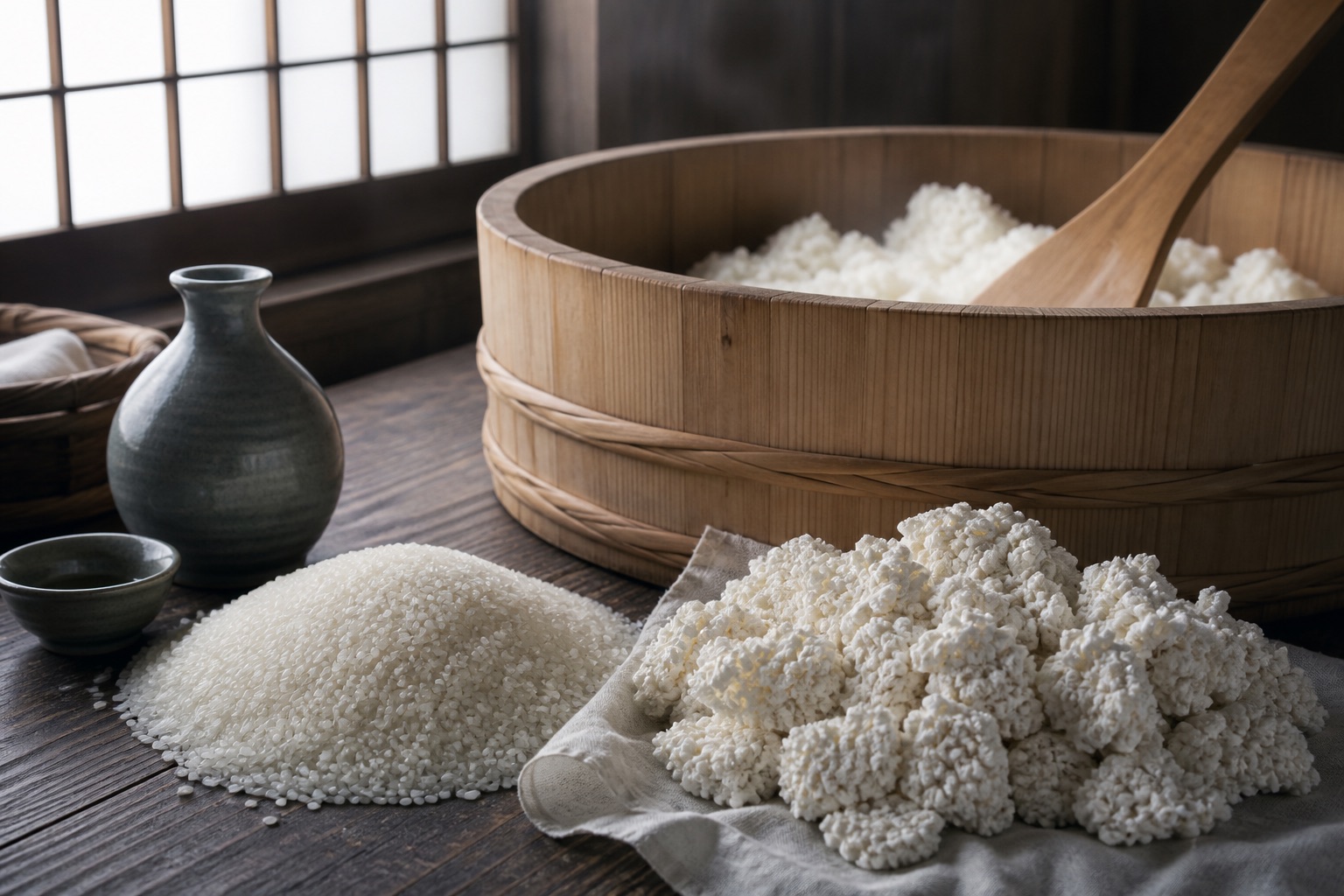 稲穂、麹、酒器を描いた日本酒史のイメージ