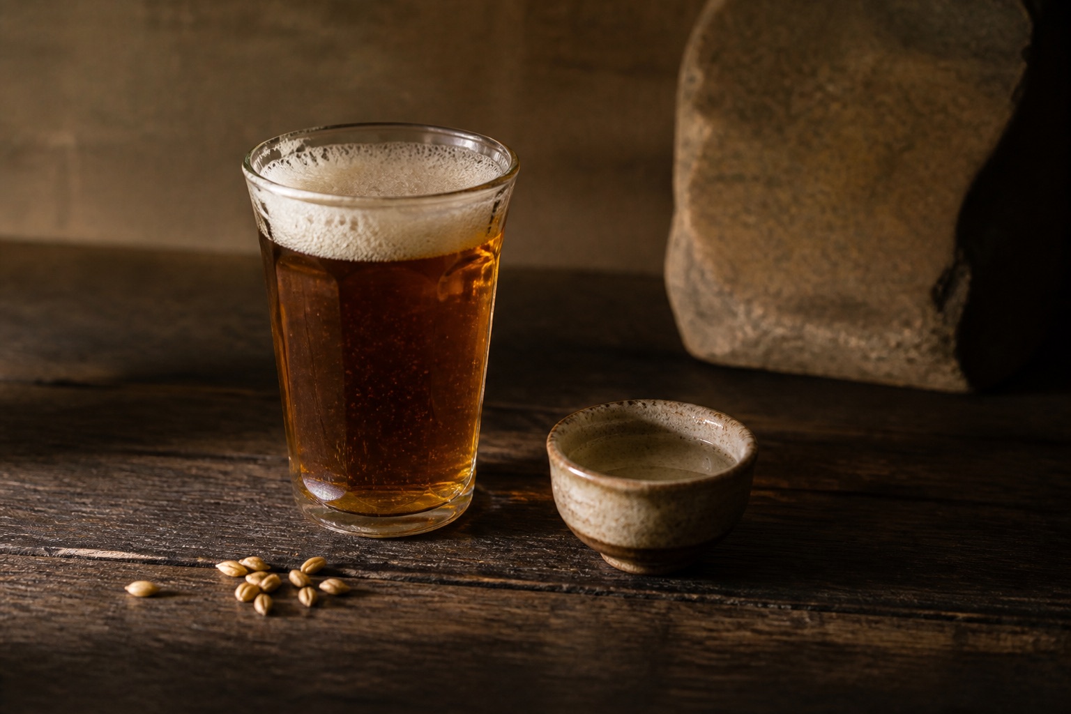 木のテーブルに置かれたビールと酒器