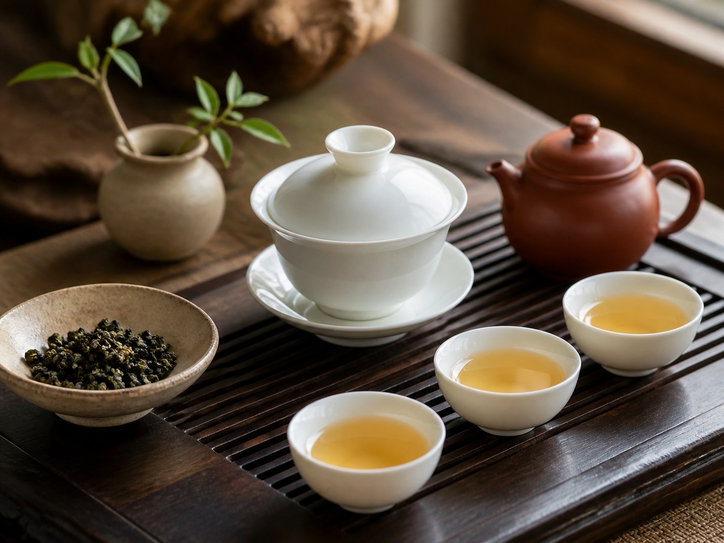 白い蓋碗と台湾茶の茶葉、茶杯