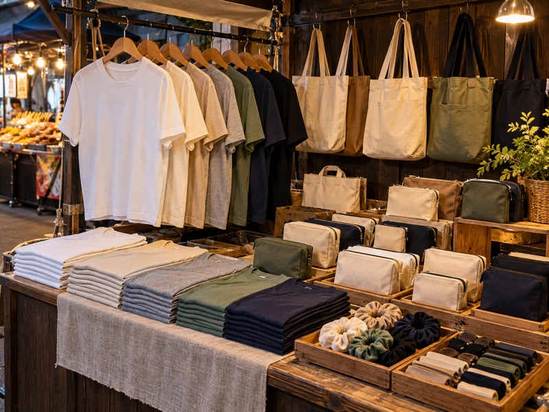 Tシャツ、布バッグ、ポーチ、髪飾りを並べた夜市の売り場の生成画像