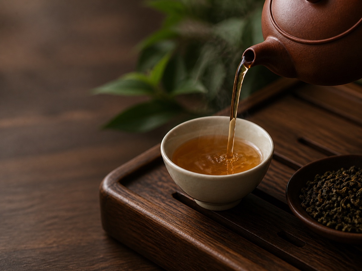 茶壺から温かい台湾茶を注ぐ様子
