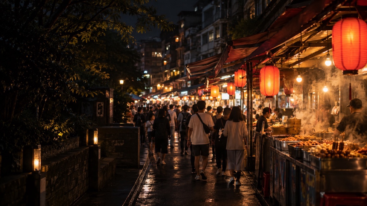 明かりがともる台湾夜市の通りと屋台