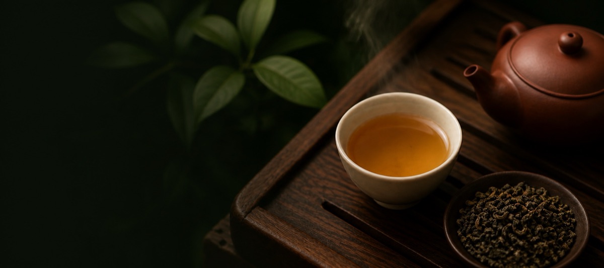 茶器に注がれた台湾茶と茶葉
